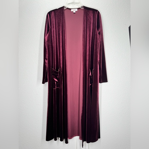 LuLaRoe Sweaters - LuLaRoe Sarah Duster Velvet Open Front Maxi Cardigan Burgandy Medium 10/12 Soft